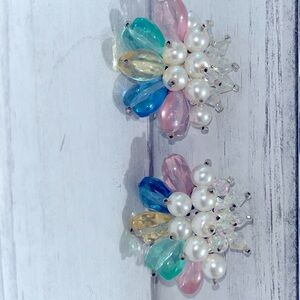 Vintage Cluster Clip Earrings Faux Pearl Pink Blue Aqua Yellow Plastic Beads